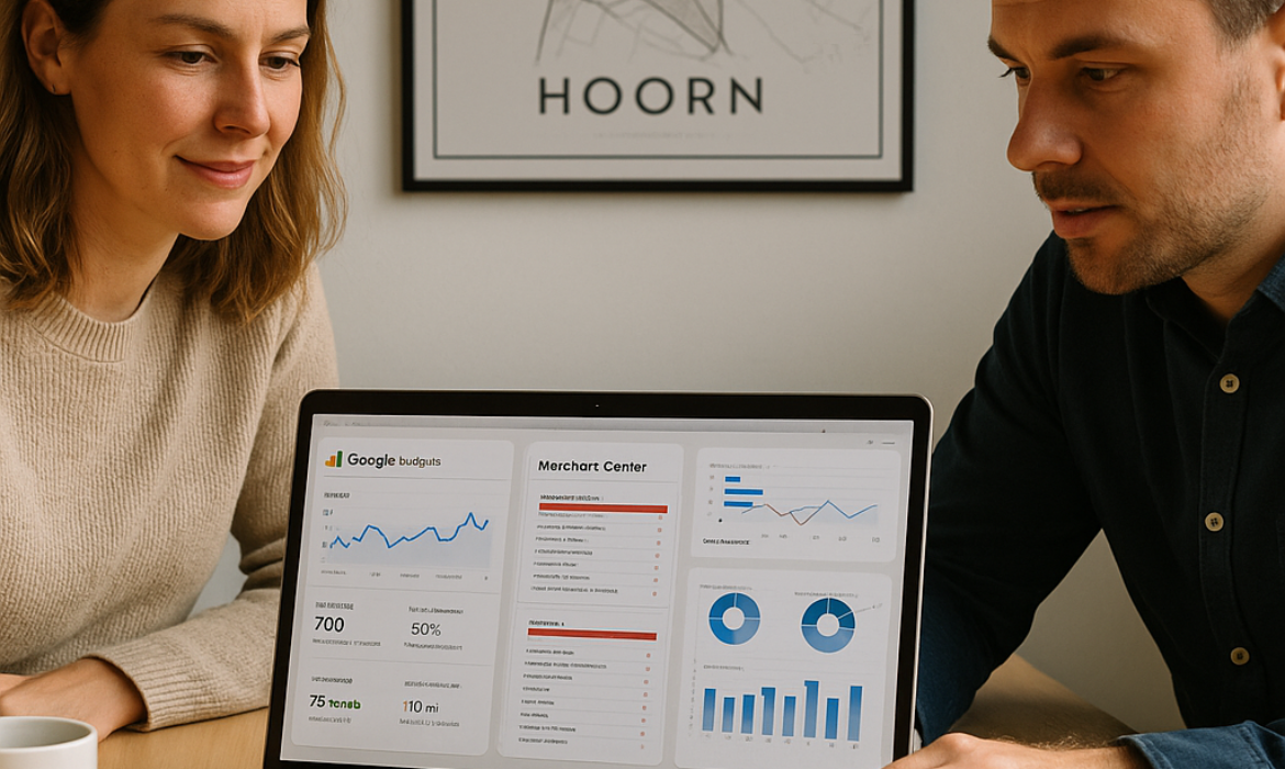 Marketeers in Hoorn controleren webshop-dashboard met GA4 en Merchant Center