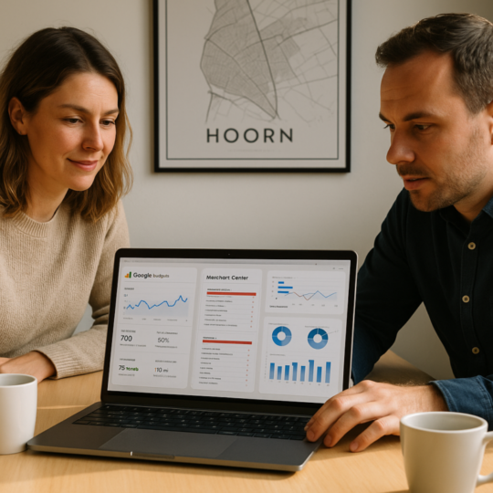 Marketeers in Hoorn controleren webshop-dashboard met GA4 en Merchant Center